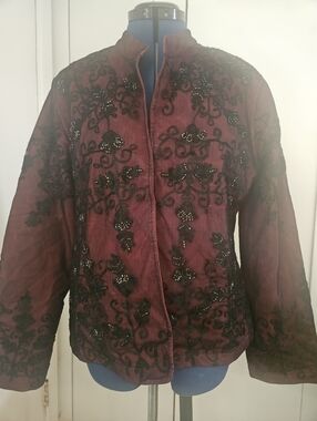 Vintage Choices Brand Burgundy Beaded Open Blazer, Sz XL